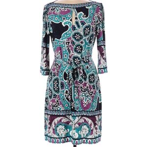 DONNA MORGAN Paisley Dress Teal Purple Boatneck 3/4 sleeve Work Office Evening 8